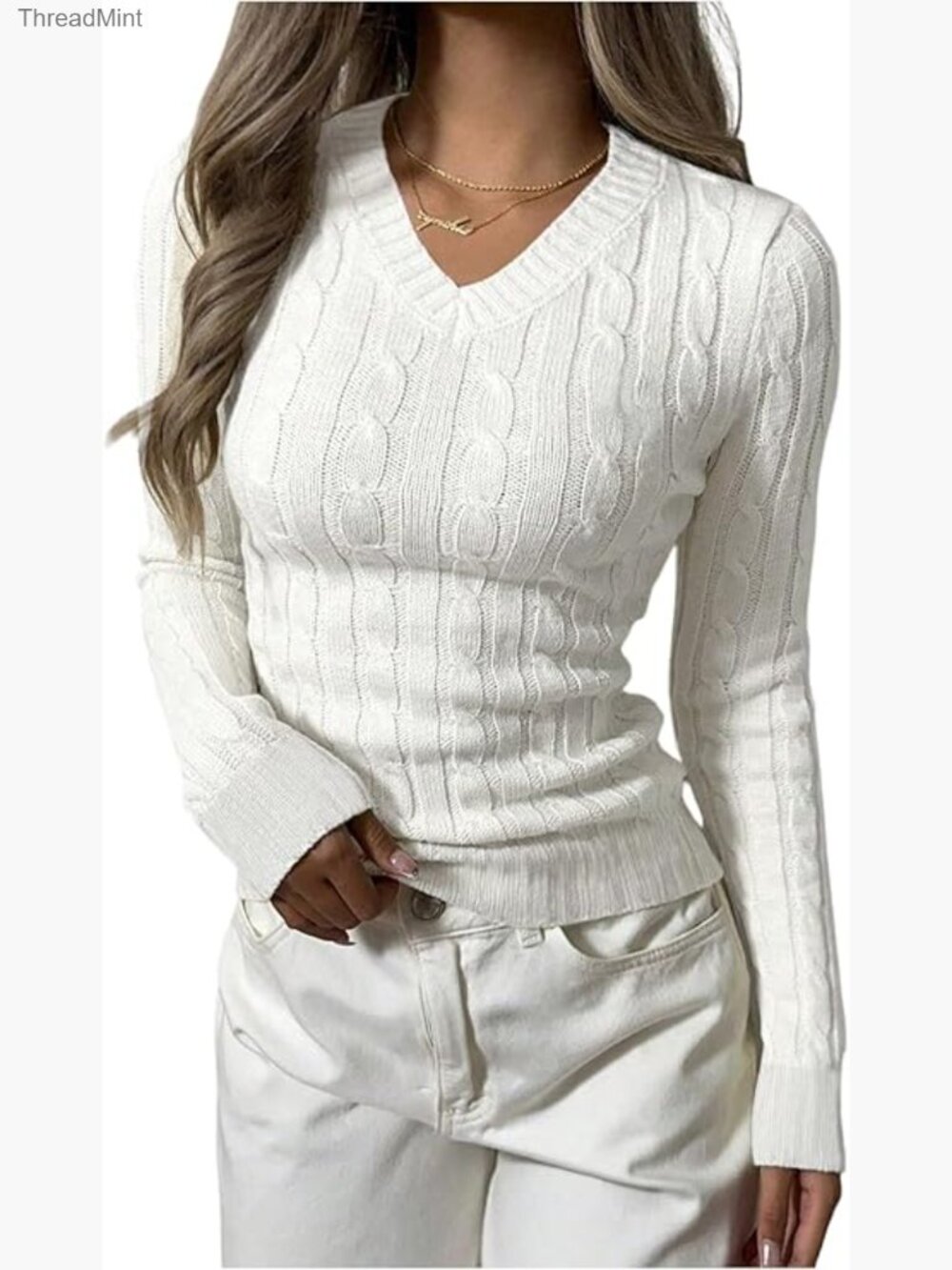 Verdusa Women's Cable Knit V-Neck Long Sleeve Slim Pullover Sweater